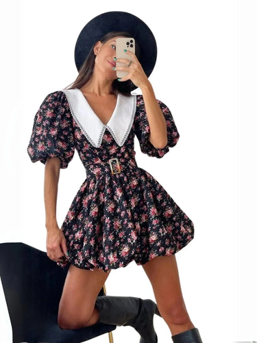 Vintage Fashion Doll Collar Puff Sleeve Mini Dress Elegant High Waist Pleated Womens Dresses, Drestiny, Dresses, Mini Dresses, Short Sleeves, Black, S, M, L, United Kingdom, UK, Canada, Australia, New Zealand, vintage puff sleeve dress, mini dress vintage, puff sleeve mini dress, retro puff sleeve dress, vintage style mini dress, shopdrestiny.com